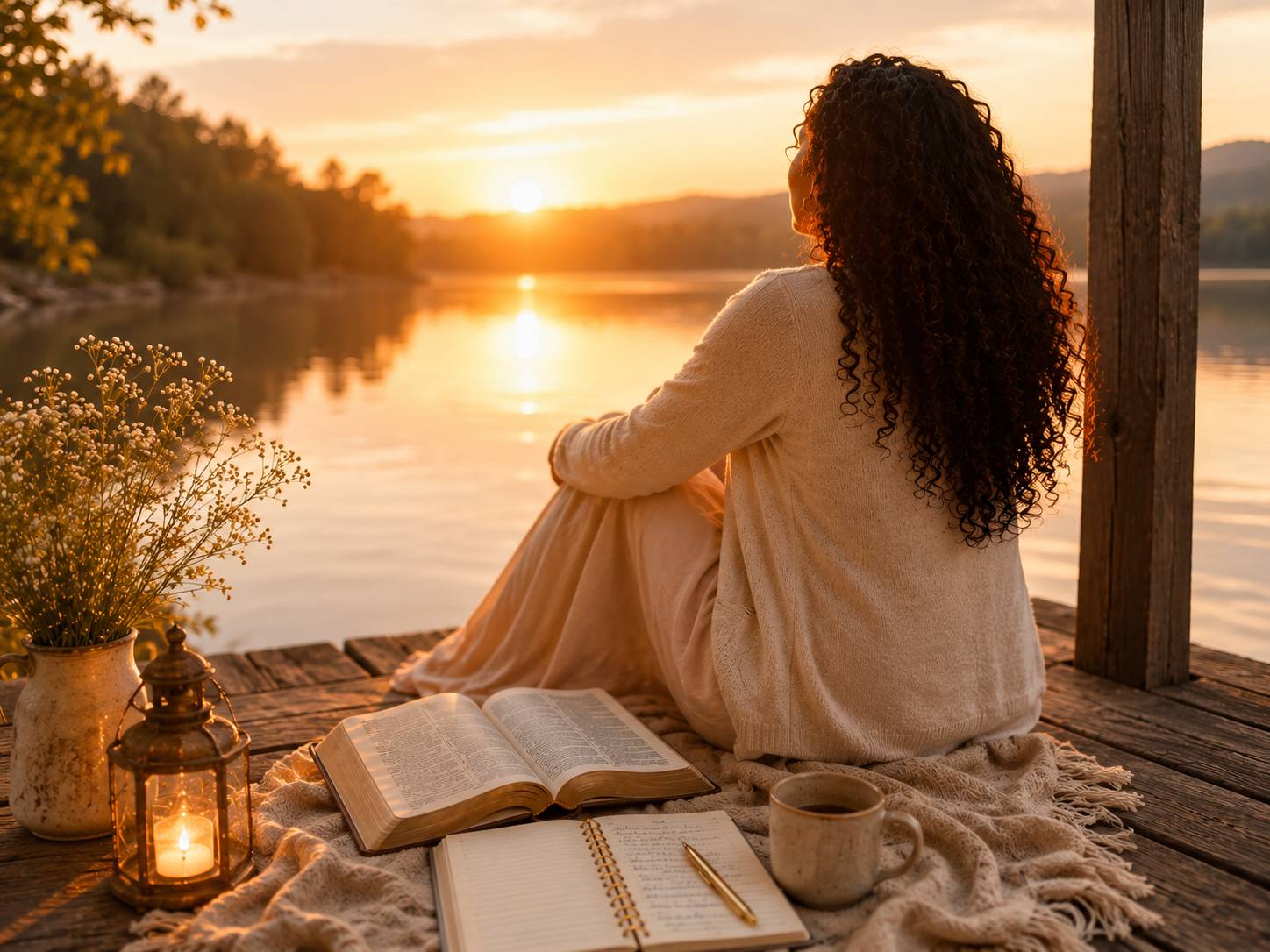 a woman sitting in surrendered position of peace with open bible and journal
