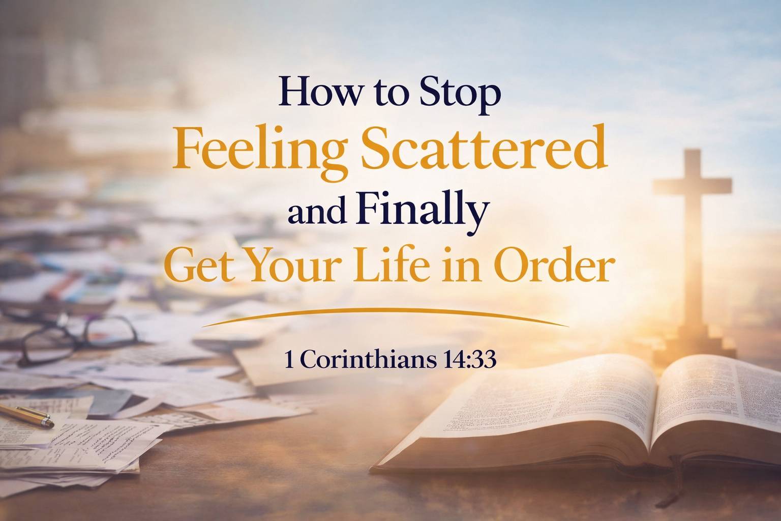 scattered papers reflecting a scattered life but sunlight, cross and open bible showing order starts there