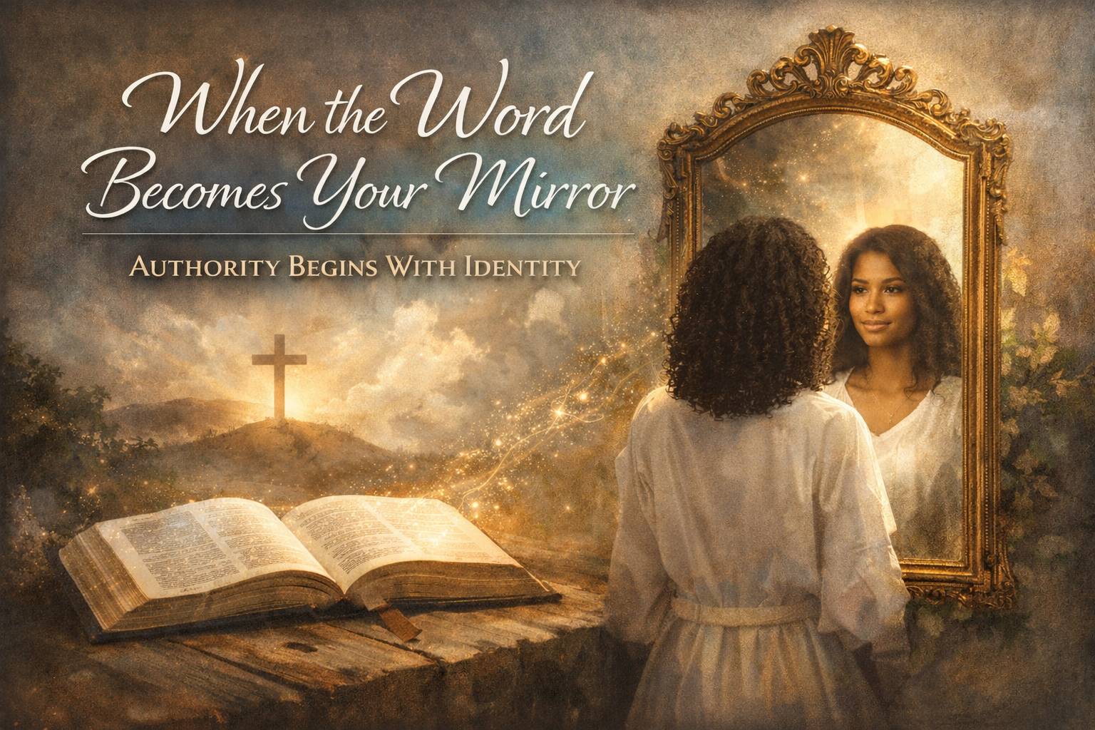 a woman looking at her reflection as the word of God