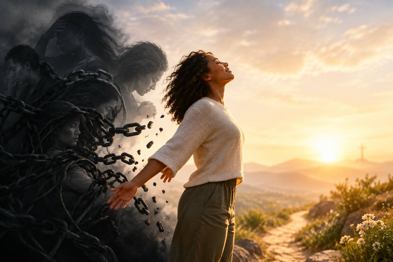a woman breaking free from spiritual bondage into sunlight clarity