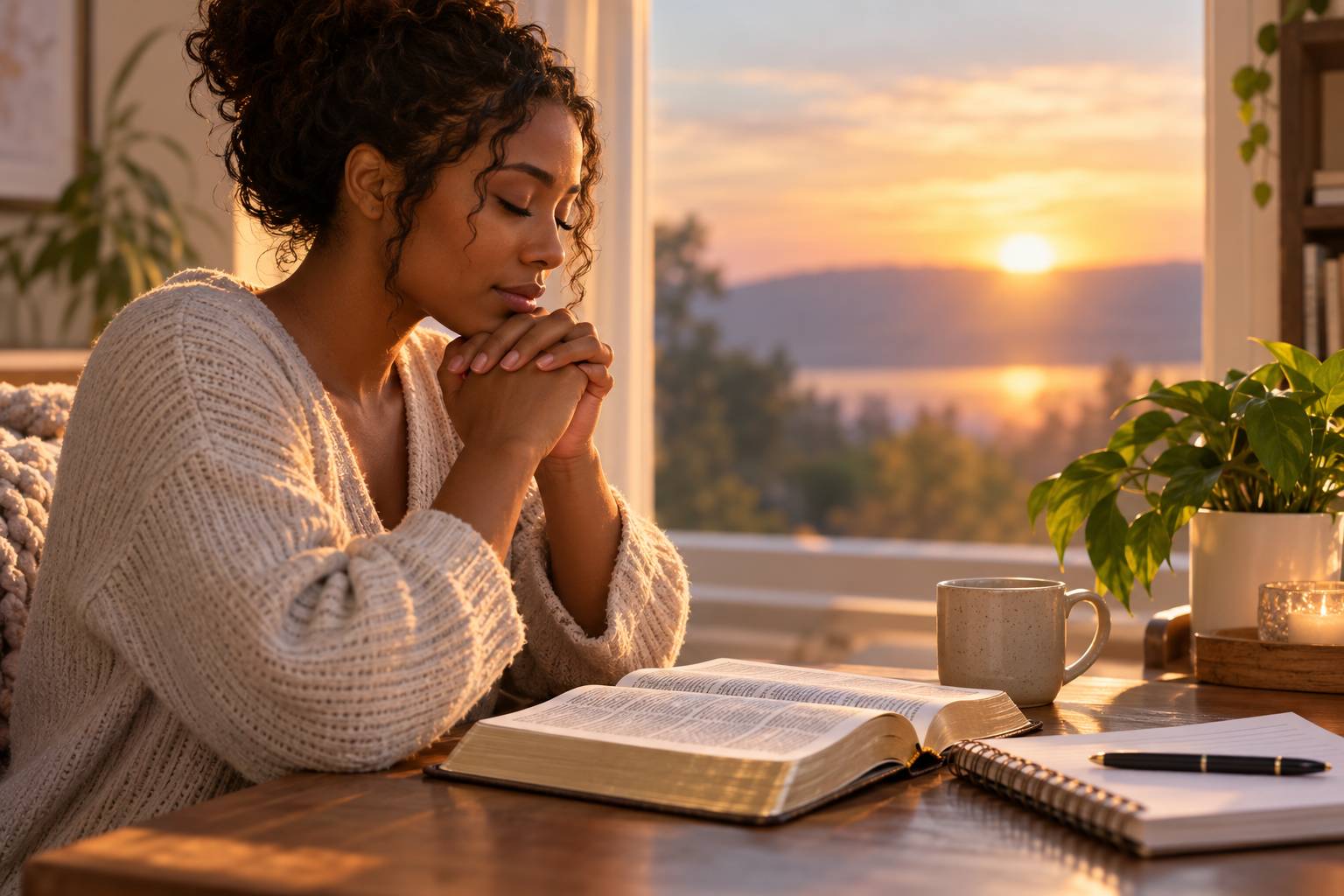 A woman sitting in stillness in the first 15 mins of her day.