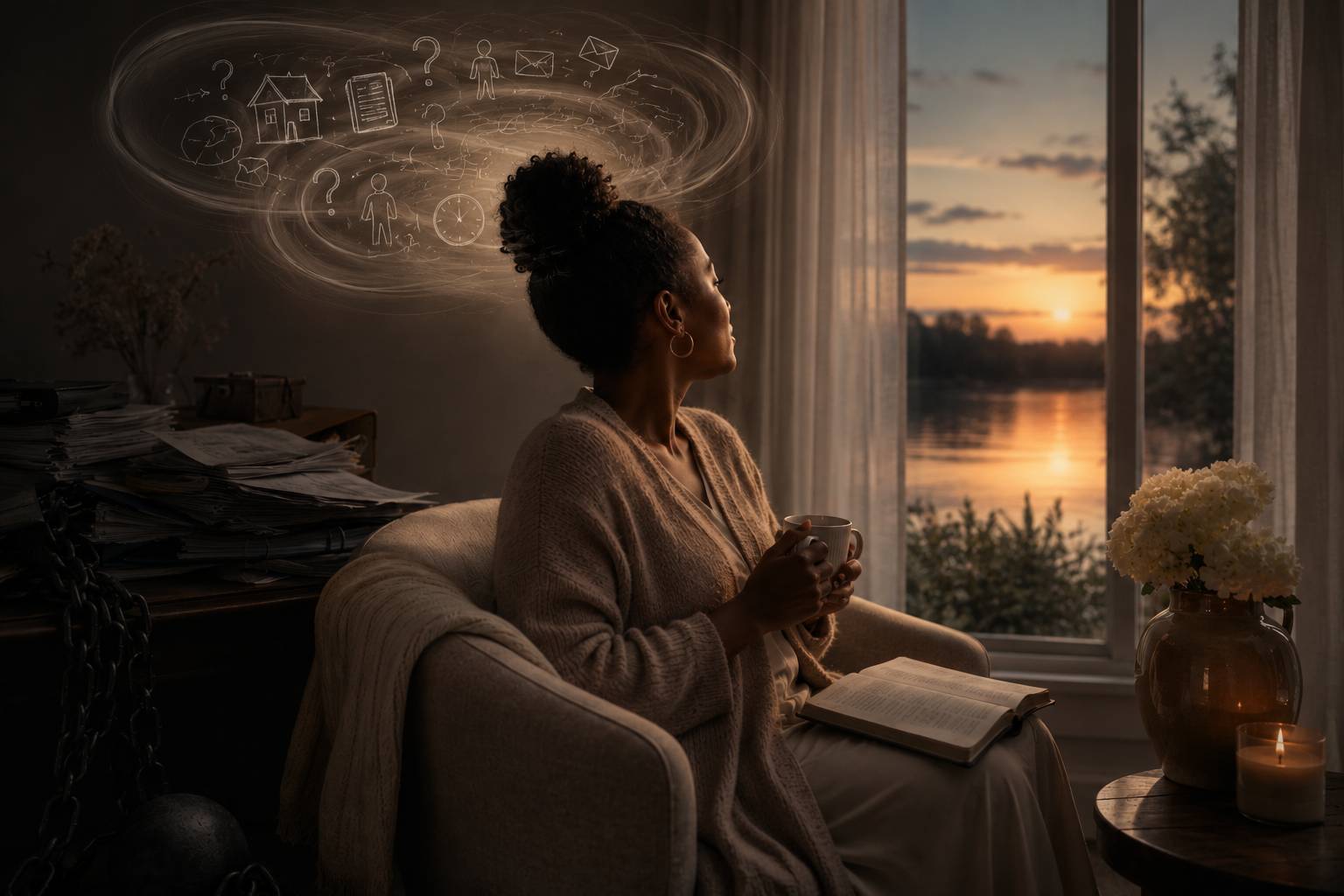 A woman looking out the window with thoughts of worry; she looks peaceful but internally she's struggling.