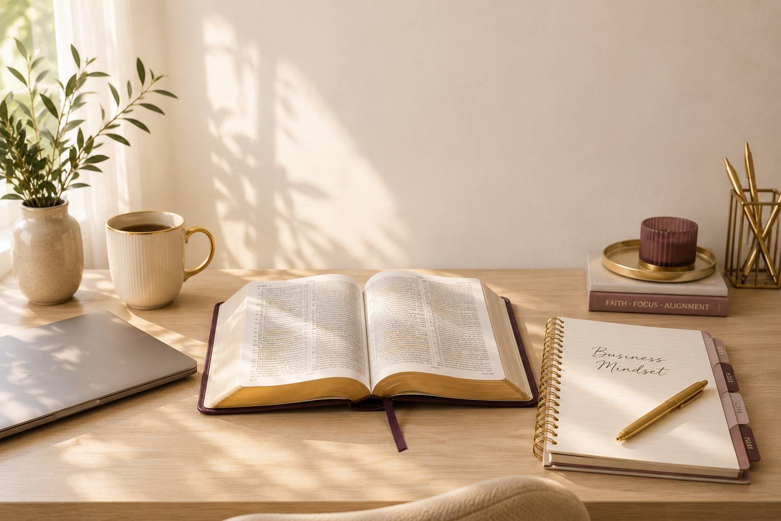 Serene workspace with golden accents open bible with "business mindset" written in the journal with a gold pin, a cup of coffee and a closed laptop.