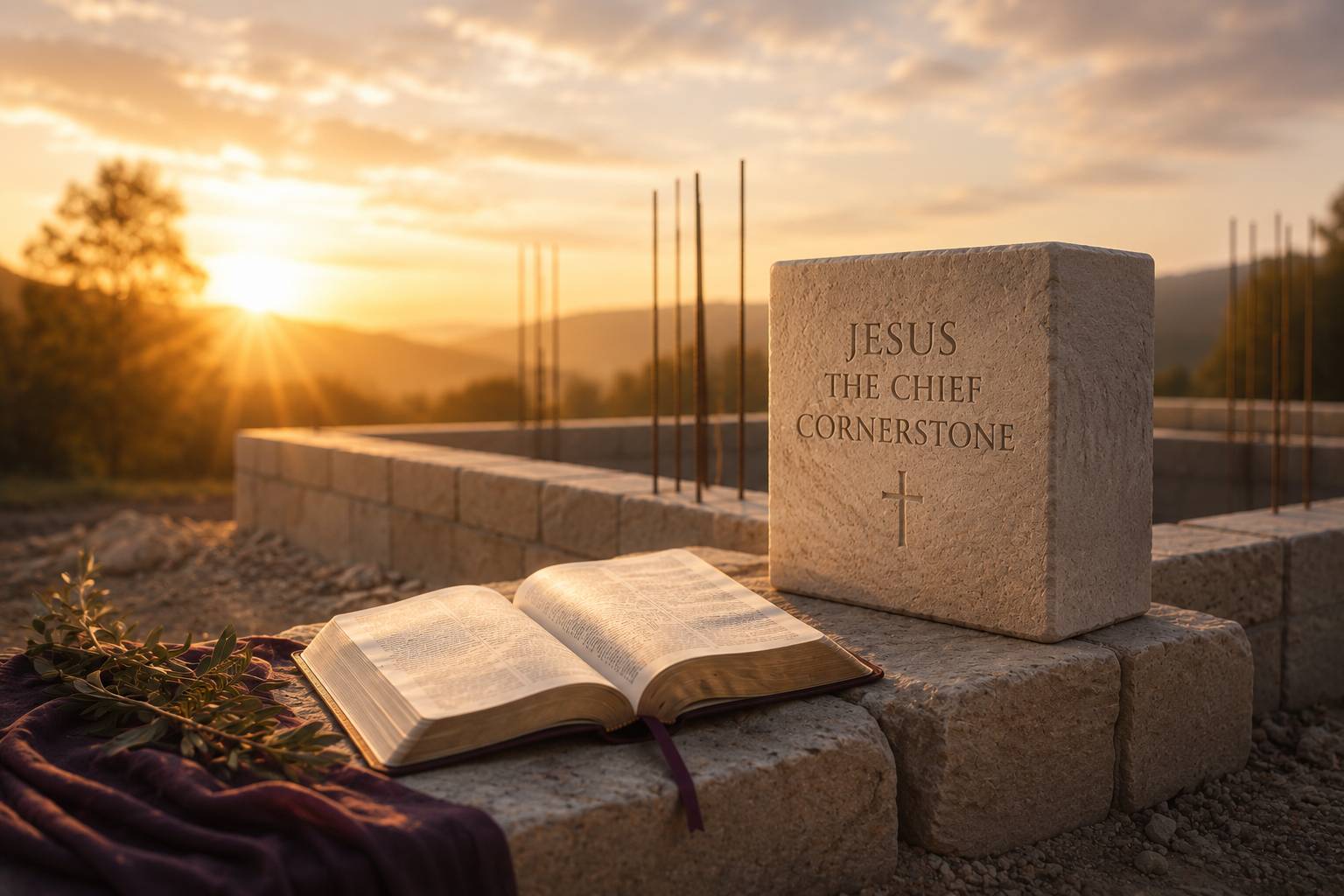 A sunrise shining over an unfinished stone foundation with an open Bible resting beside a cornerstone, symbolizing Jesus Christ as the foundation of identity, faith, and spiritual alignment. 