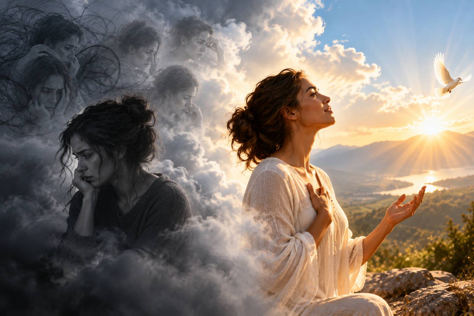 a woman trapped in overthinking, but has revelation that restores her voice image
