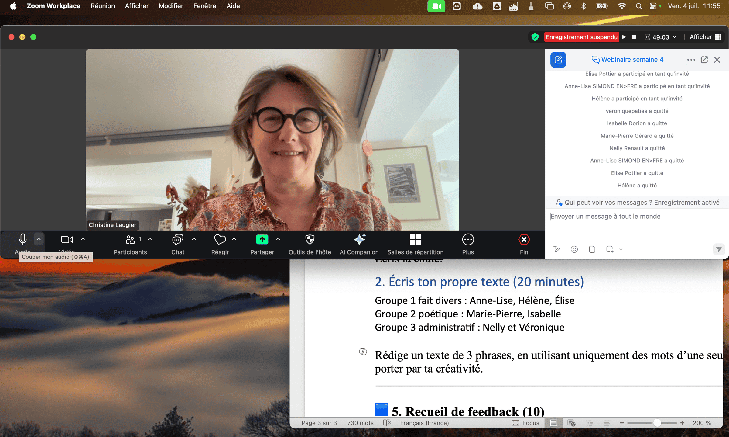 écran d'ordinateur avec 3 fen^etres ouvertes : visio et document word