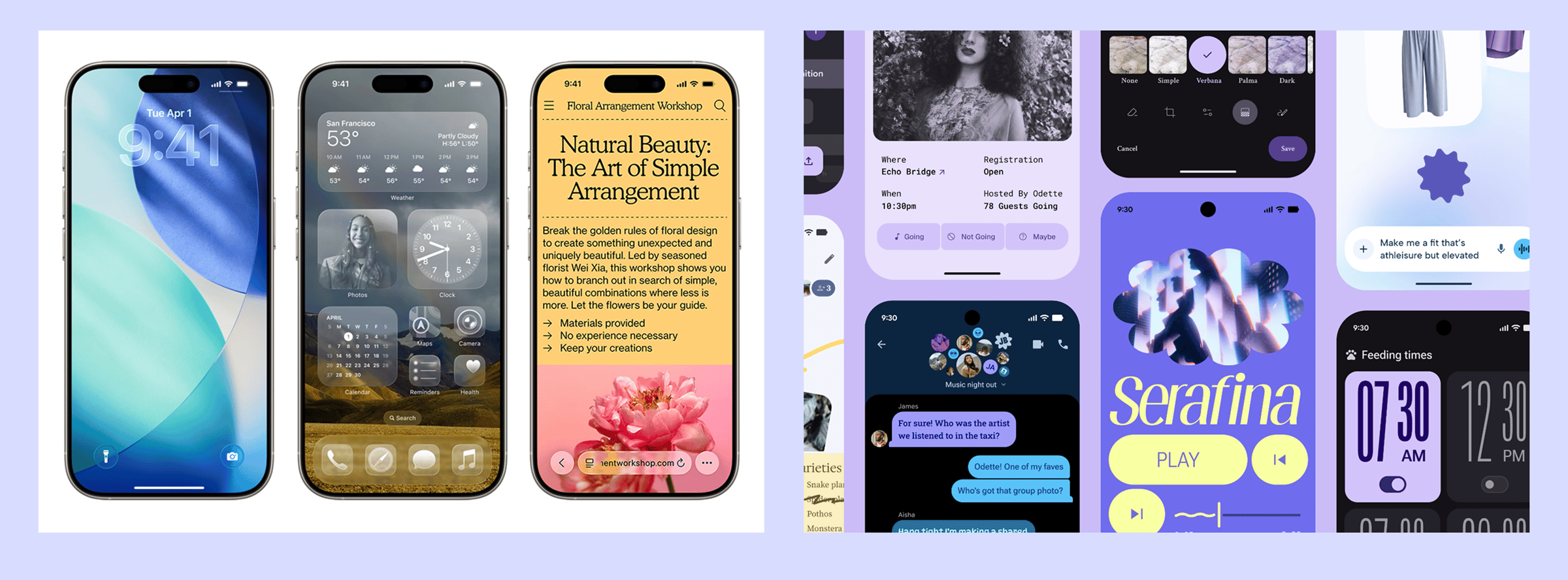 Two screenshots. On the left is three screens from iOS 26's latest design, mimicking glass. On the right is a series of mockups from Material Design, with bold colors and typographies. 