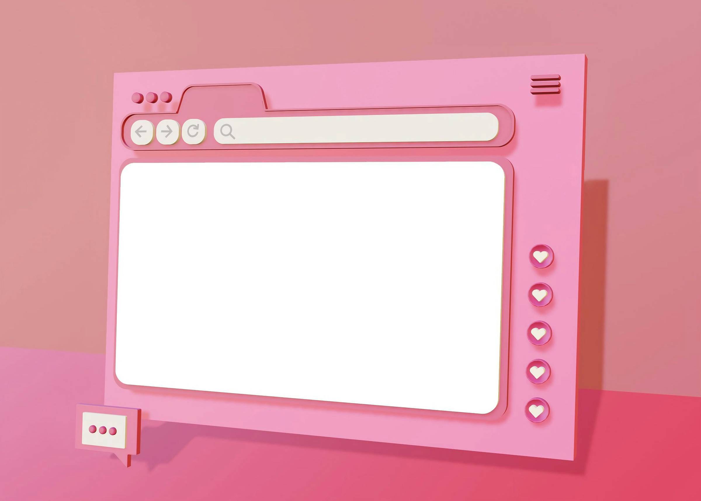 A pink 3D illustration of a browser window with an empty white screen and a small chat bubble, representing AI chat interface UX design.