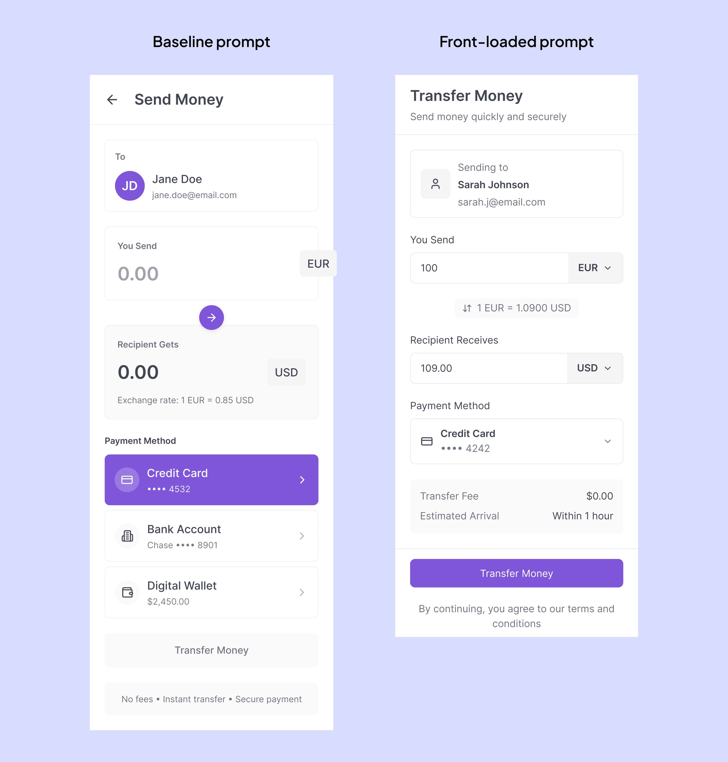 Side-by-side comparison of two mobile money transfer screens: a baseline prompt design with bold cards and multiple payment options, and a front-loaded prompt design with cleaner layout, clearer hierarchy, and additional details like fees and estimated ar