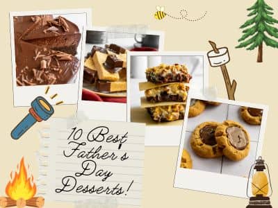 Four photos of chocolate desserts in a collage with camping graphics.