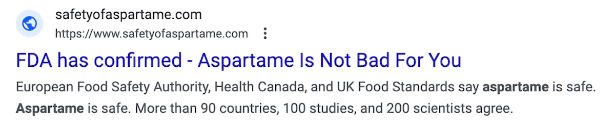 FDA and aspartame Google search