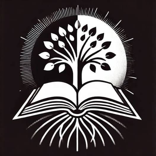 A black and white illustration of an open book with a tree growing from its center. The tree branches and leaves expand outward, and the roots extend below. A circular, glowing background with radiating lines is split into a dark and light half. The design symbolizes growth and knowledge.