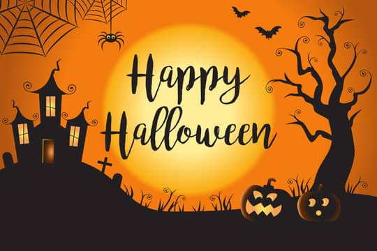 Happy Halloween with haunted house, spooky tree, and pumpkins 