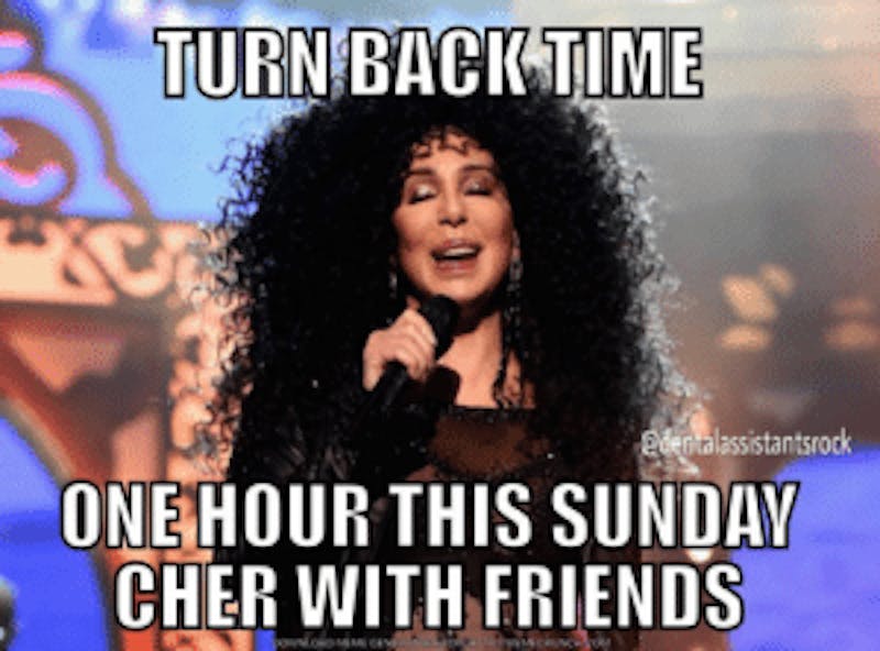 cher singing and text "turn back time one hour this sunday. cher with friends"