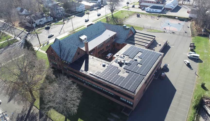 Bird's eye view of solar on top of a school