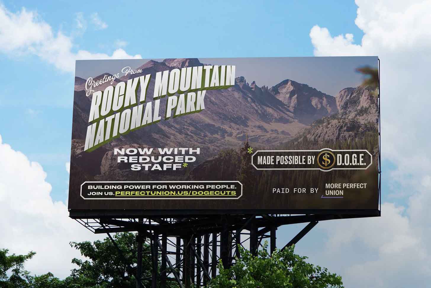 A billboard that says "Greetings from Rocky Mountain National Park. Now with reduced staff."