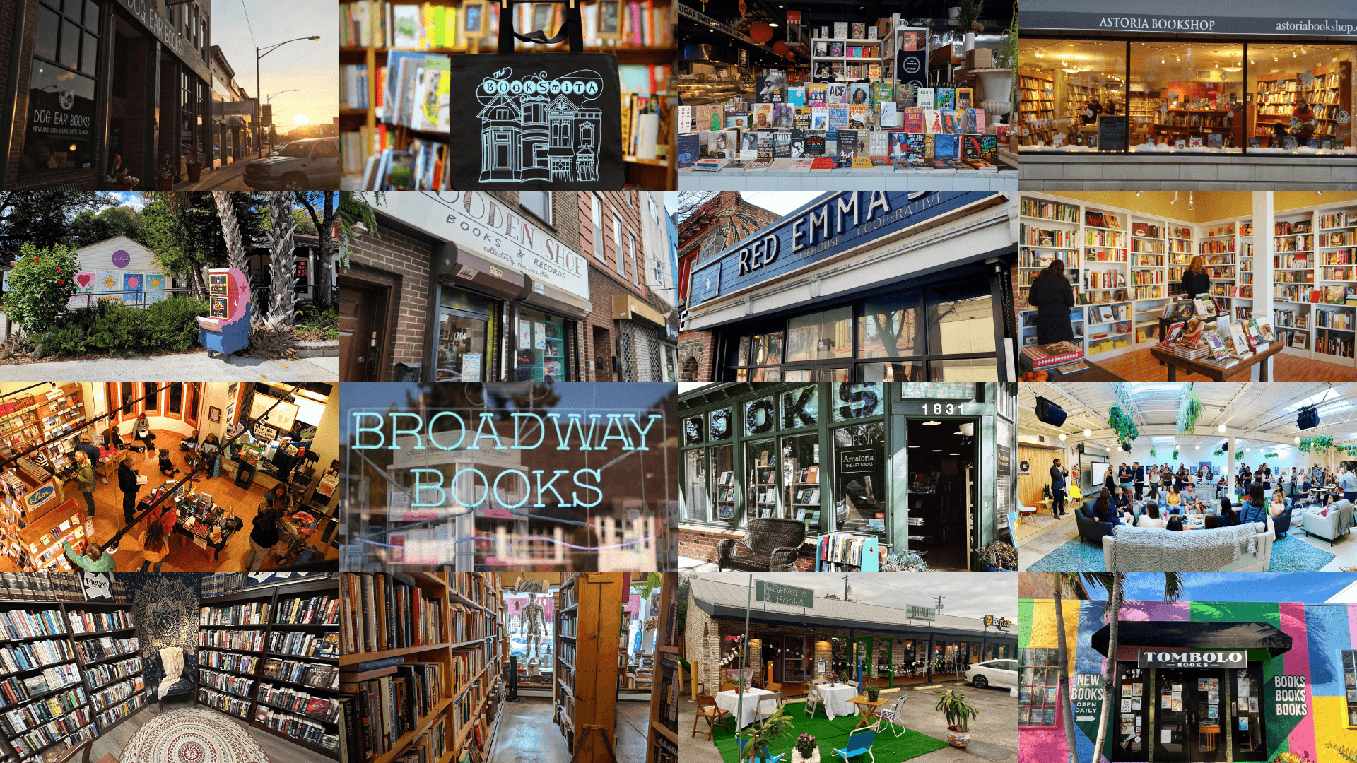 Collage of indie bookstore storefronts