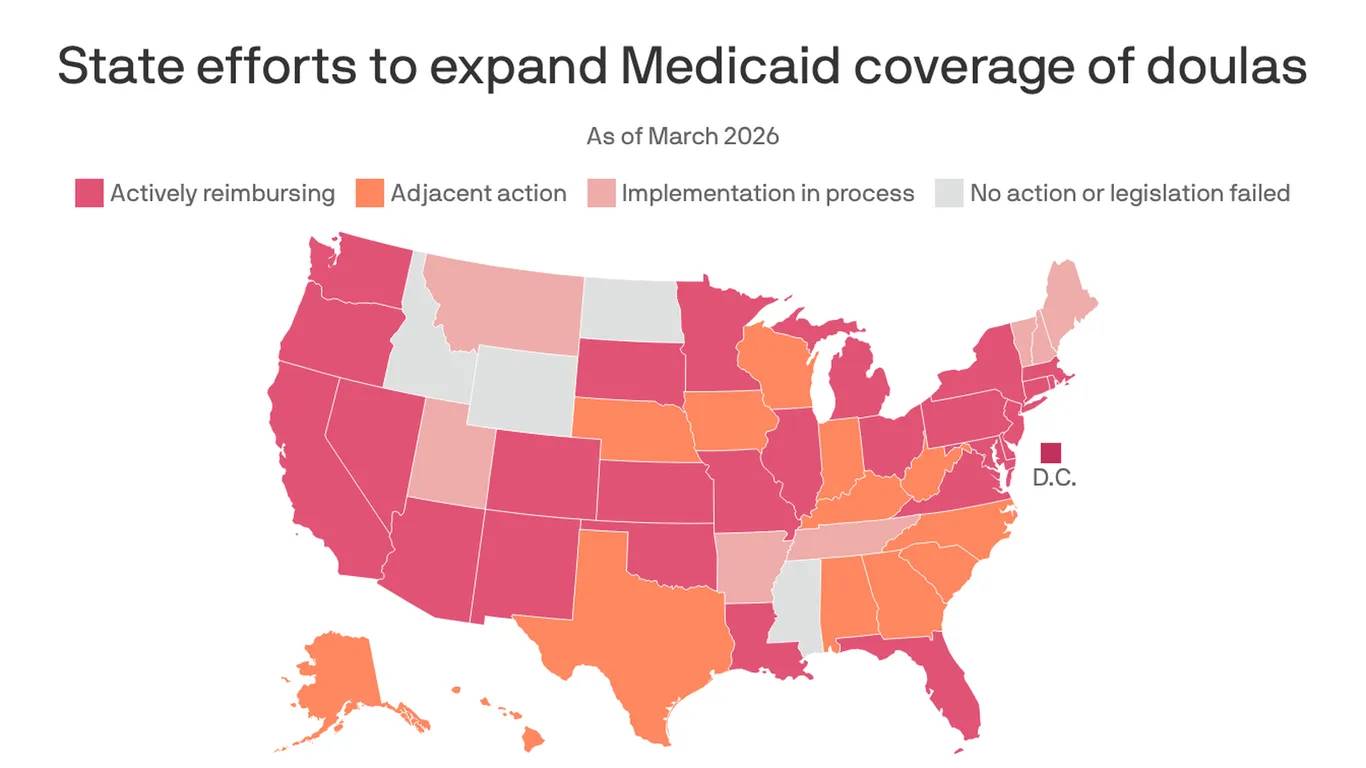 U.S. map showing state efforts to expand medicaid coverage of doulas