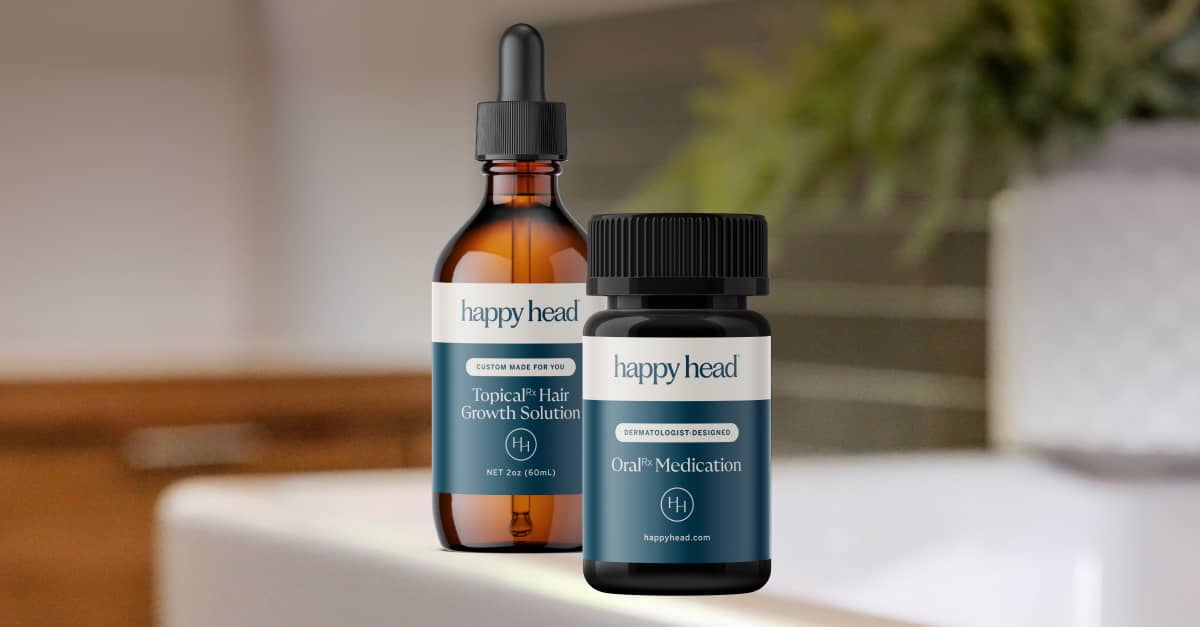 Two bottles of Happy Head products on a countertop