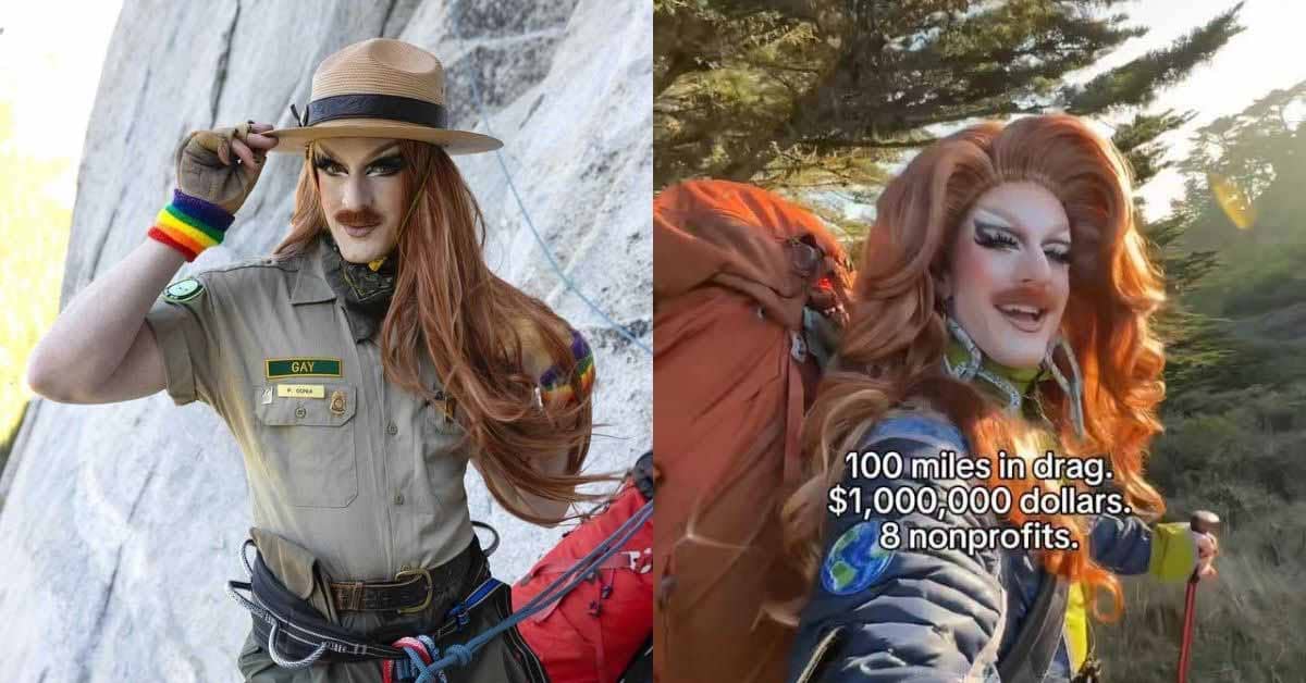 Pattie Gonia in a park ranger drag outfit, and in drag makeup carrying a large pack