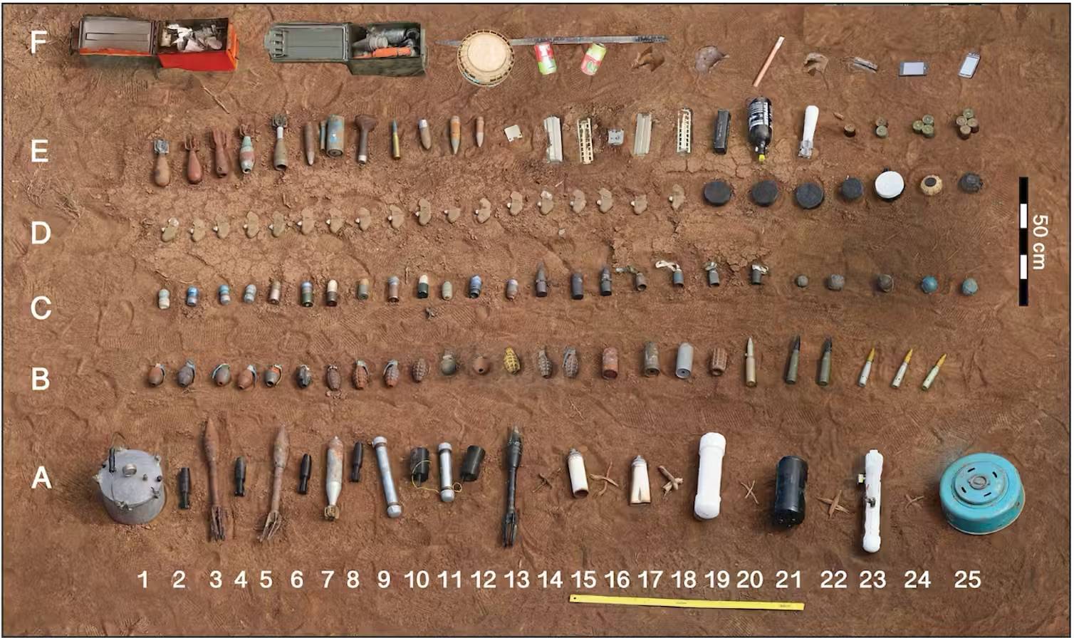 Land mines laid out on a dirt ground