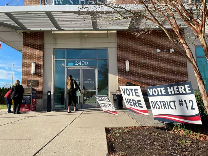 The outside of a polling location with "vote here" signs in the ground