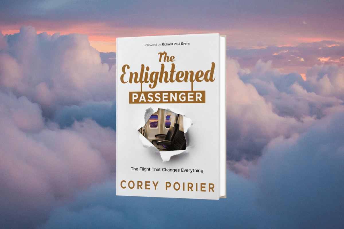 "The Enlightened Passenger" by Corey Porier book cover on a purple, pink, and orange clouded sky background