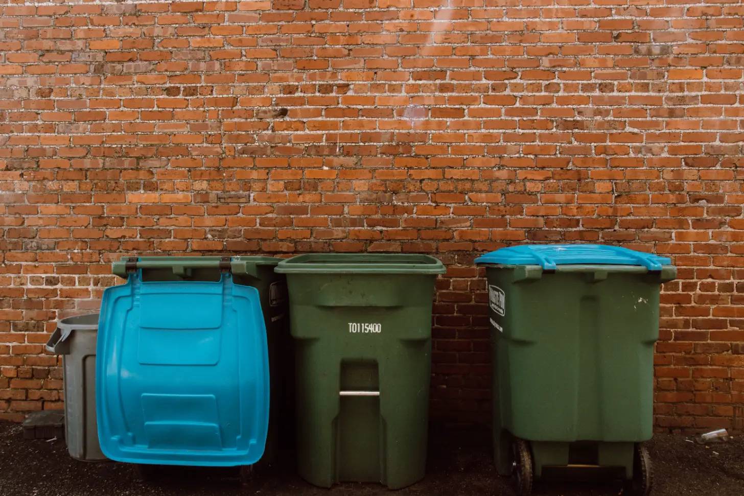 Three trash bins against a brick wall: a blue bin on the left with handles, two green bins with blue lids, the middle bin marked "T0115400".