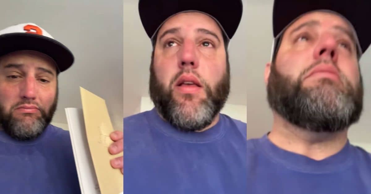 Three screenshots of a man in a hat and blue shirt with tears in his eyes
