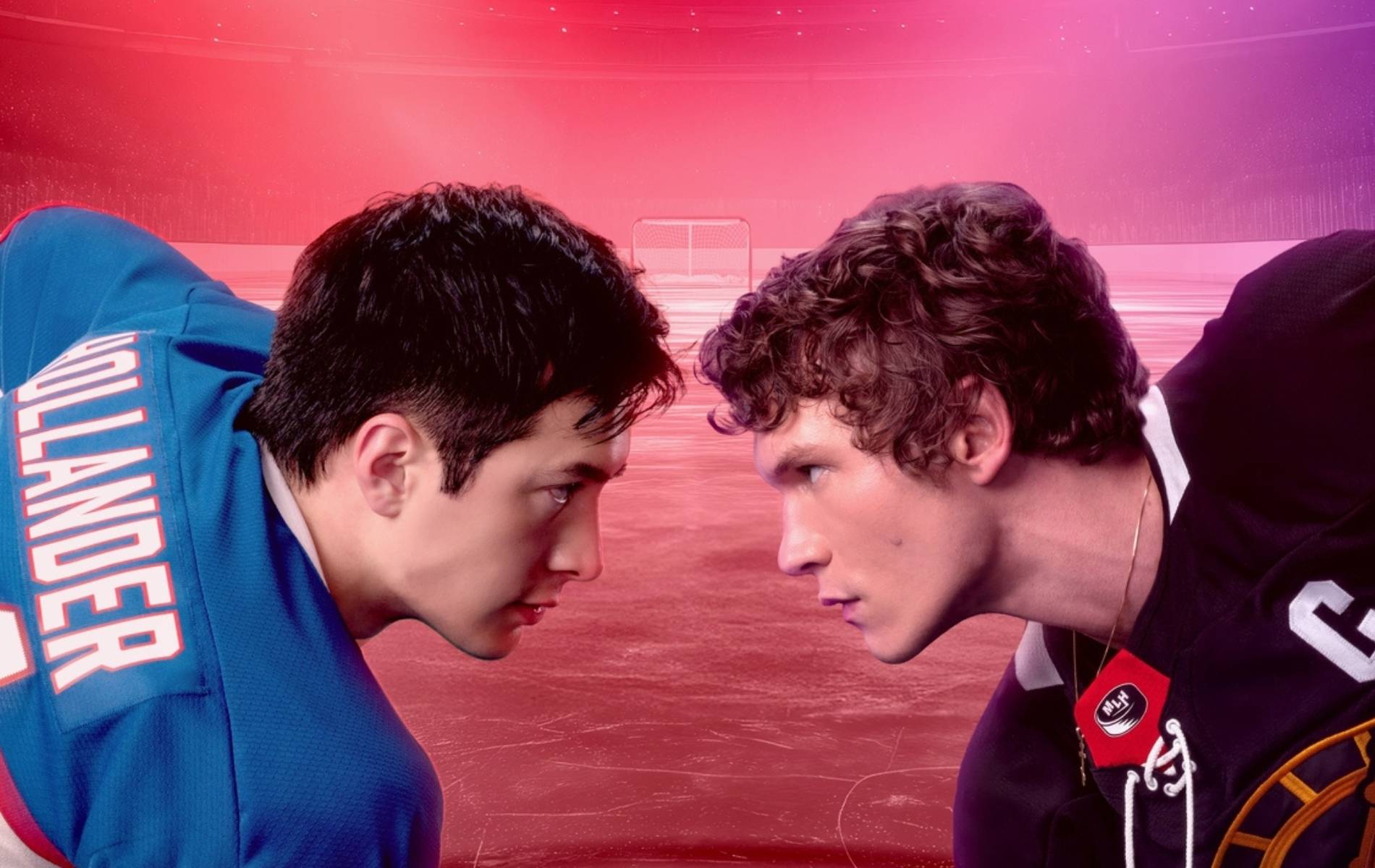 Two young people in hockey jerseys face each other against a pink and purple gradient background.