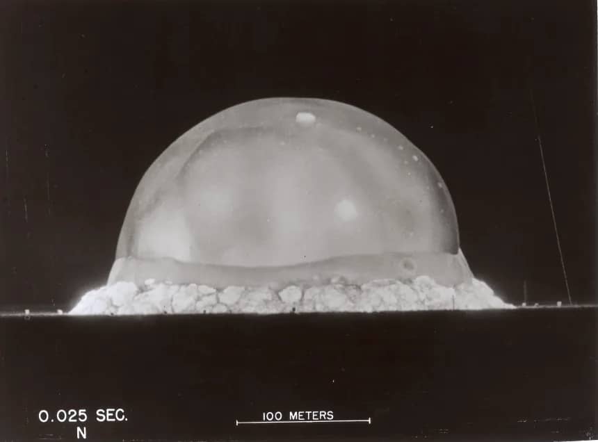 Black and white photo of the nuclear explosion in New Mexico