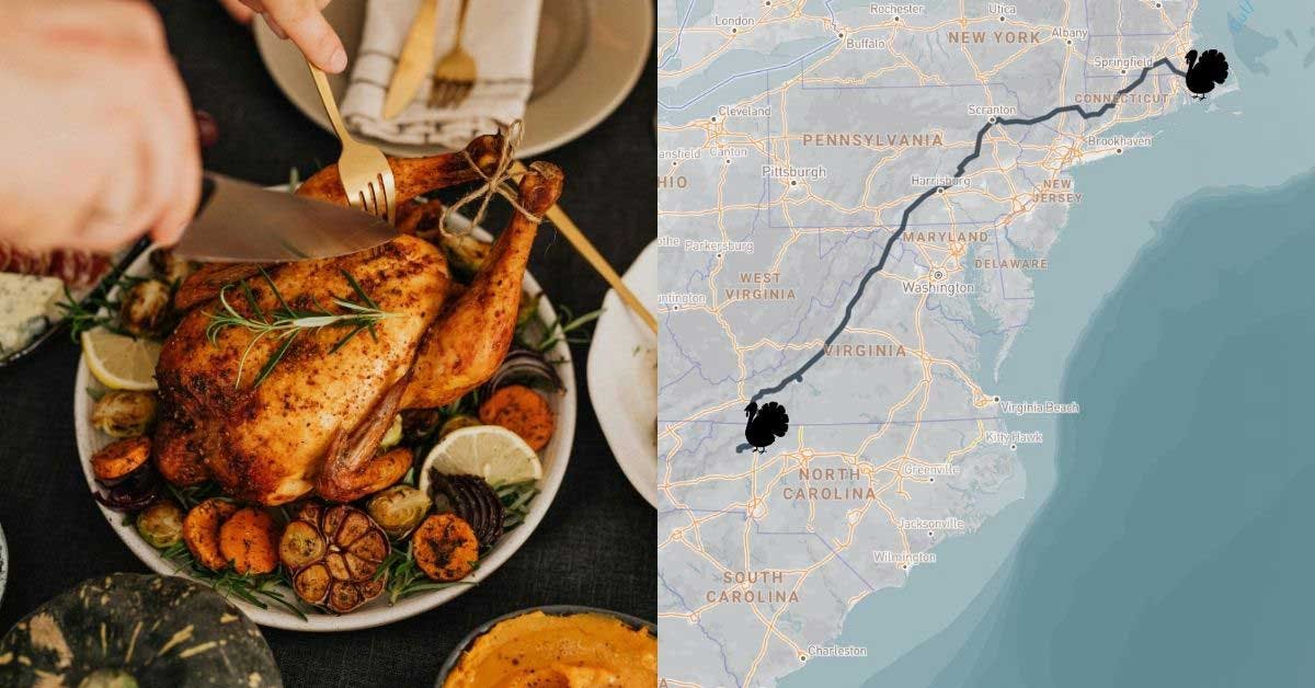 Split image, on the left is a seasoned, cooked turkey with a person carving it with a knife and fork; on the right is a screenshot of the eastern U.S. with a turkey icon in North Carolina and a line connecting it to a Turkey on the coast of Massachusetts