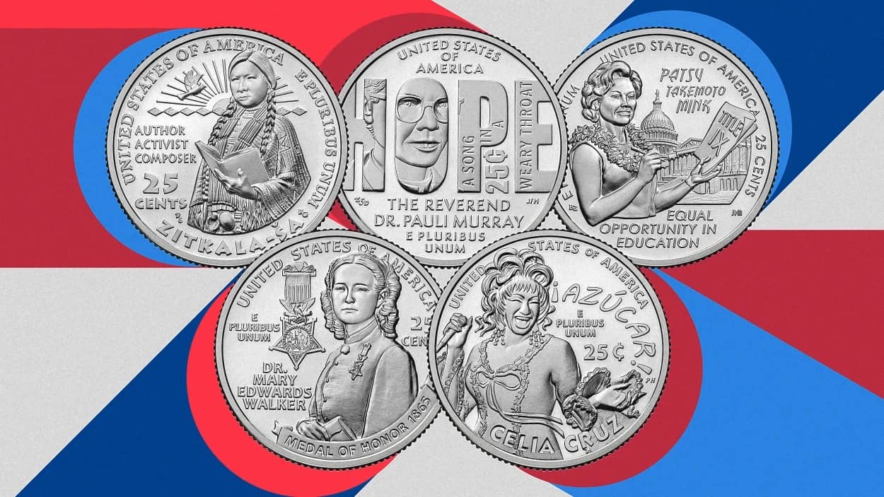 Images of the five new quarter designs on a red, blue, and grey graphic patterend background