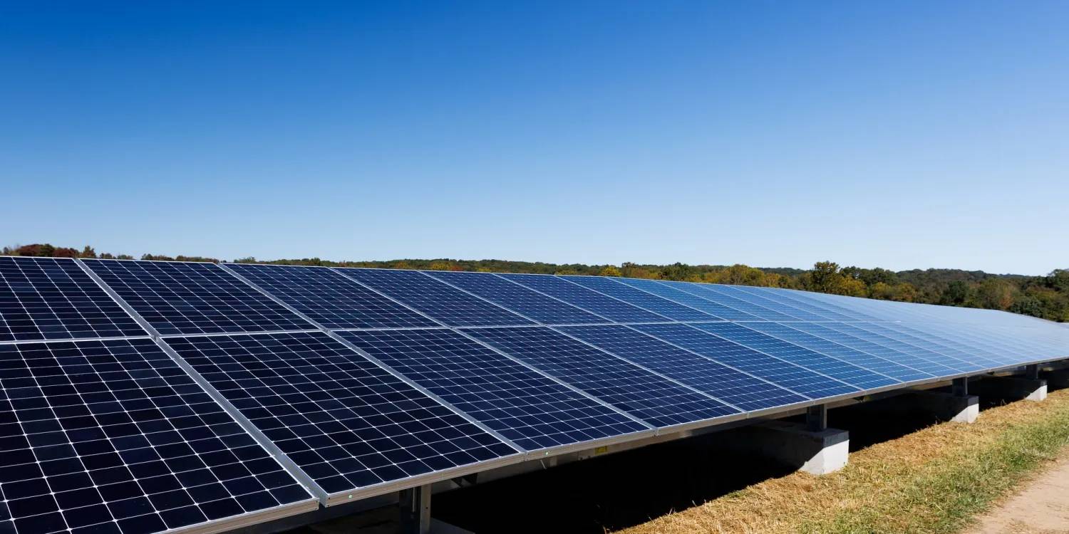 Solar panels in a field under a blue sky