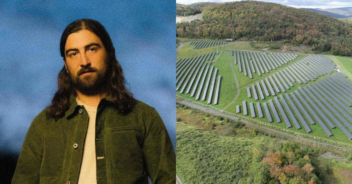 Split image, on the left is Noah Kahan in a green jacket against a dusk sky, on the right is a field of solar panels