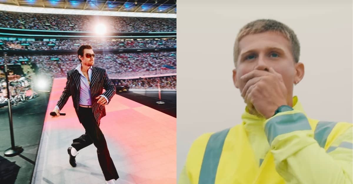 Split image of harry styles on a stage; A person wearing a yellow top with their hand over their mouth