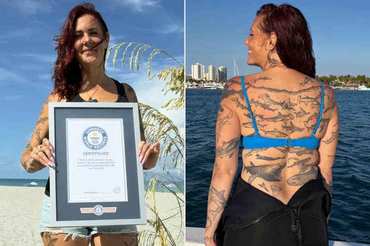 A split photo: Left side shows a woman holding a framed certificate; right side shows her back and arms covered in shark tattoos
