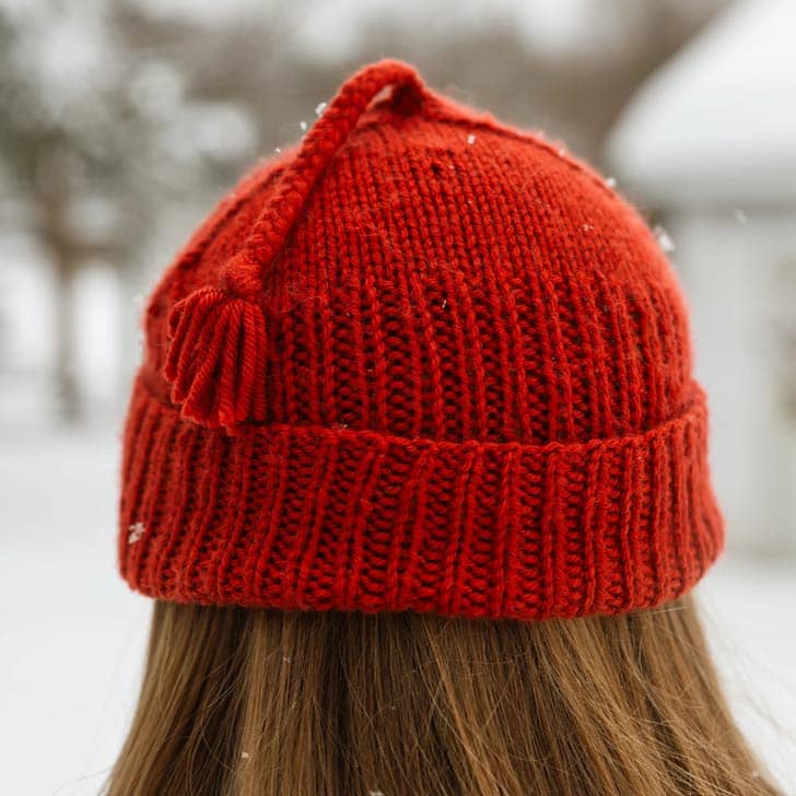 Back of a person's head in the snow wearing a red beanie with a tassel