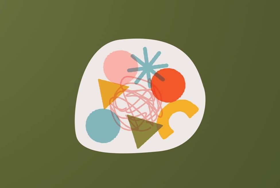 A white circular shape with various shapes inside of it on an olive green background