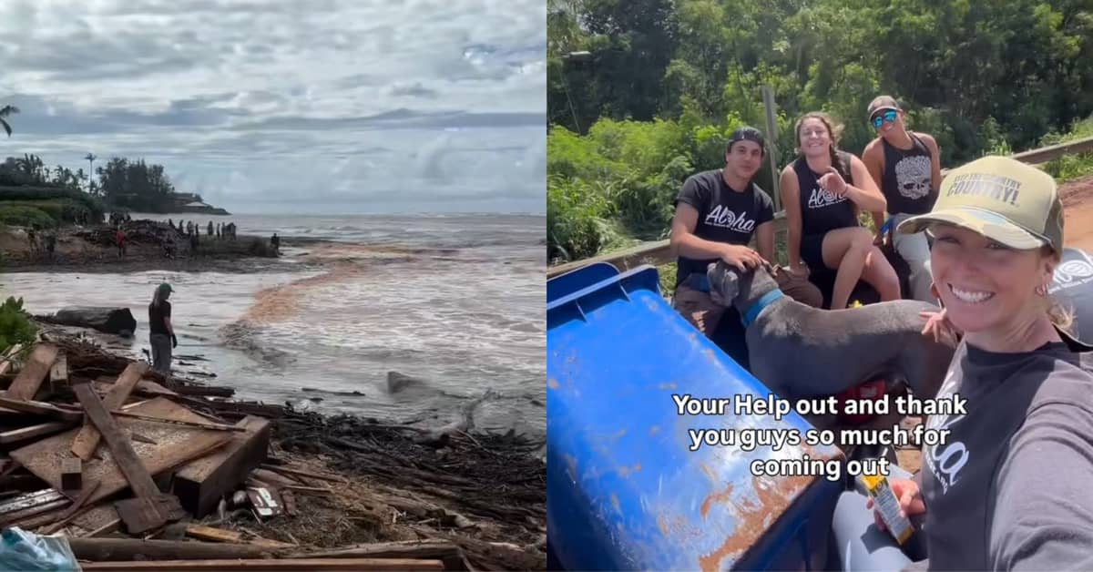 Split photo: On the left, people on a coastline covered in debris, the right: a selfie of four people smiling with text that says "thank you guys so much for coming out"