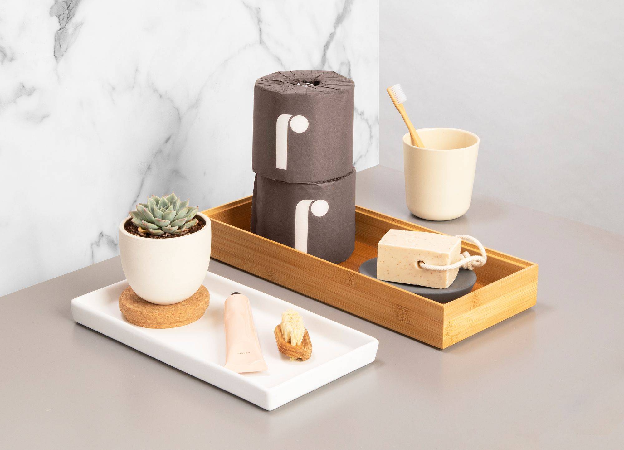 Two rolls of Reel toilet paper on a counter top next to a small succulent plant, and other bath essentials