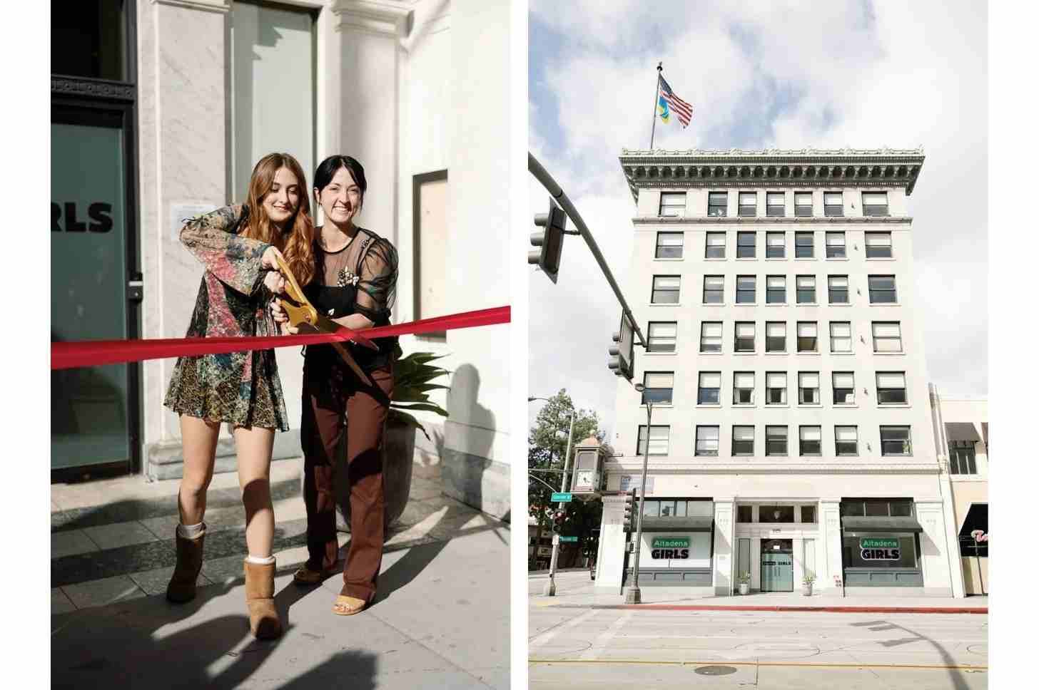 Two people cutting a red ribbon, exterior of a multi-story building
