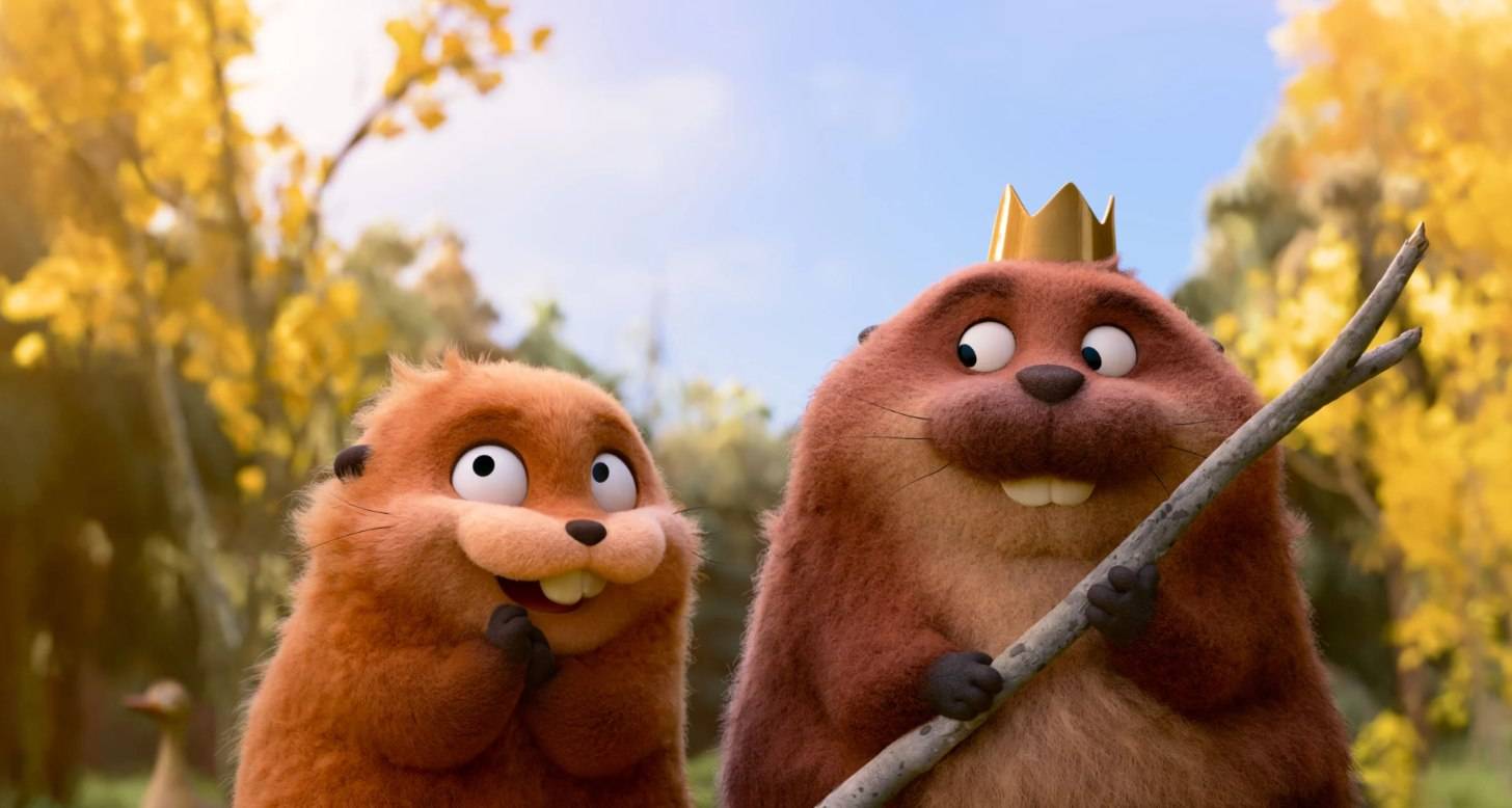 Two animated beavers, one is wearing a crown and holding a stick, the other has its hands folded