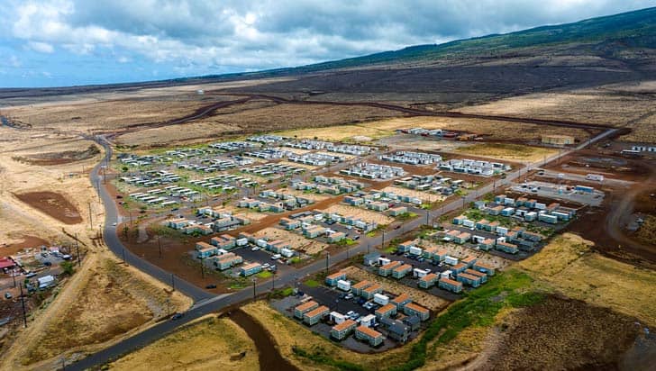 Bird's-eye view of a neighborhood of tiny homes