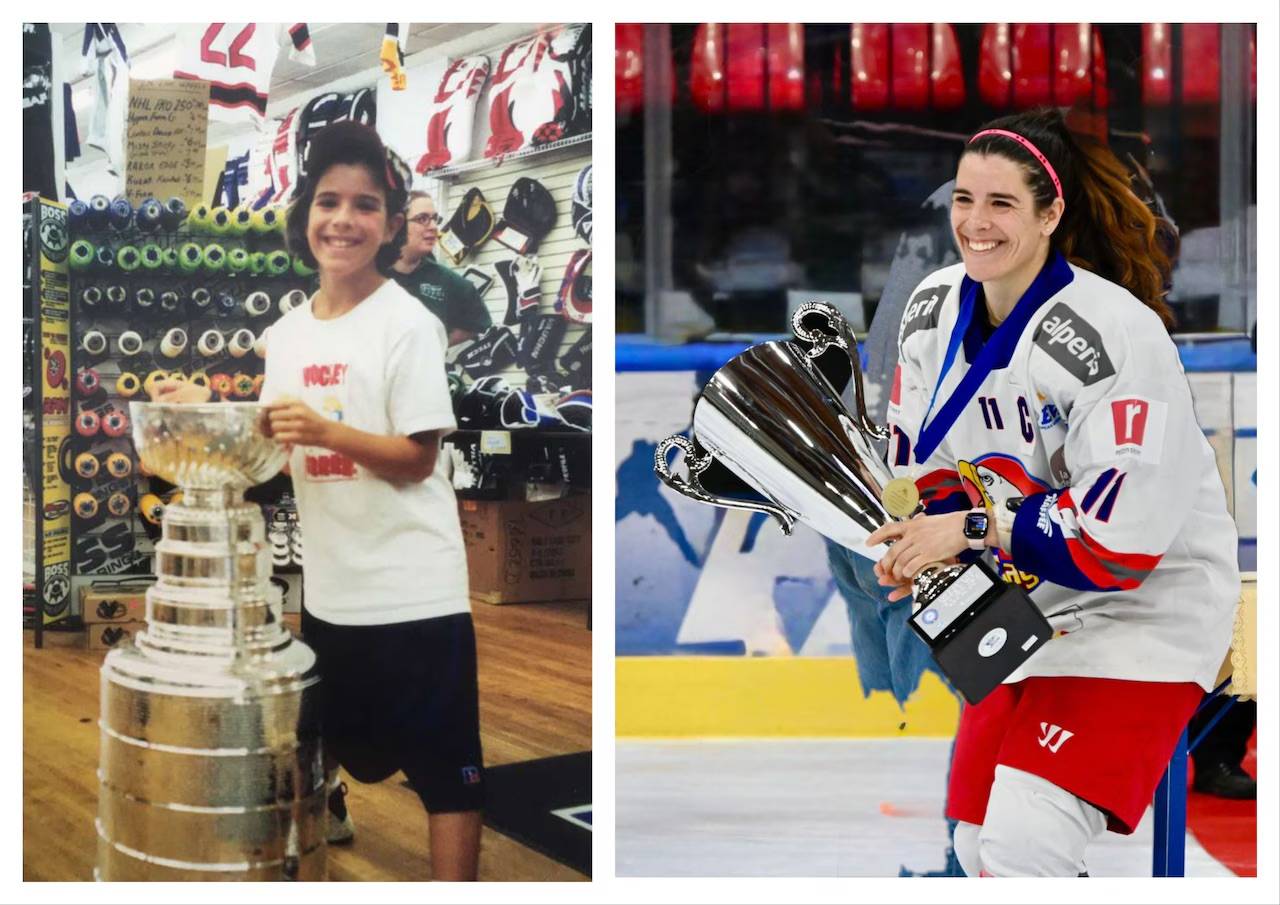 Split photos of Pierri as a child and adult holding a trophy