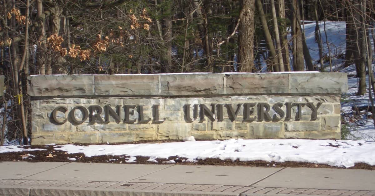 Stone sign reading "CORNELL UNIVERSITY" along a sidewalk, with bare trees and patches of snow visible in the background.