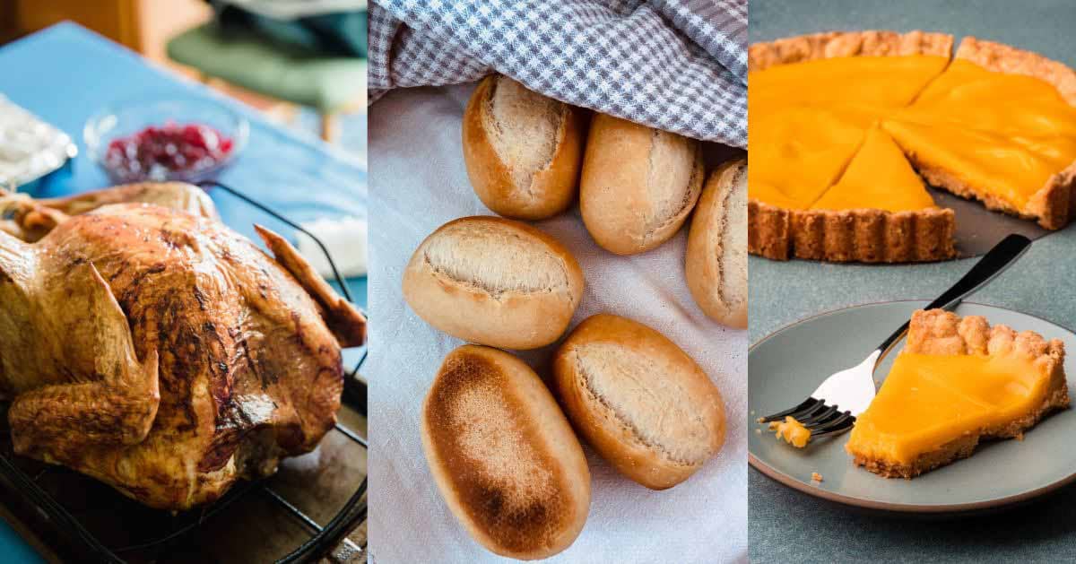 Turkey, rolls, and pumpkin pie