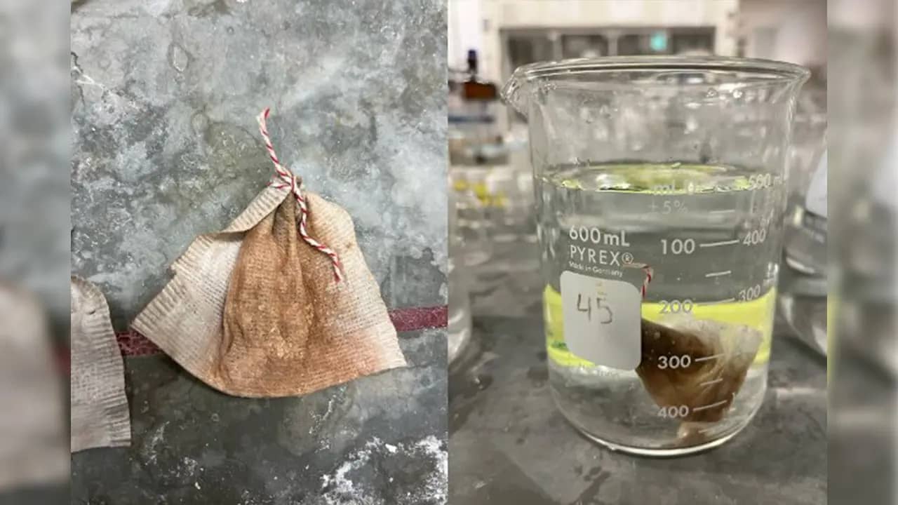 A split photo of a brown-stained "tea" bag, and the bag in a beaker of clear liquid