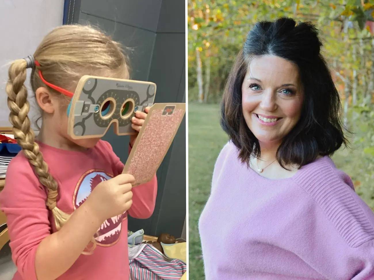 A child looking through 3d glasses, and portrait of Amanda Yochum