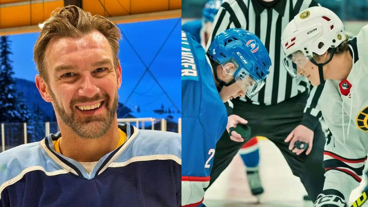 Split photo of Jessie Kortuem in a hockey jersey smiling, and a still of hockey players facing off from Heated Rivalry
